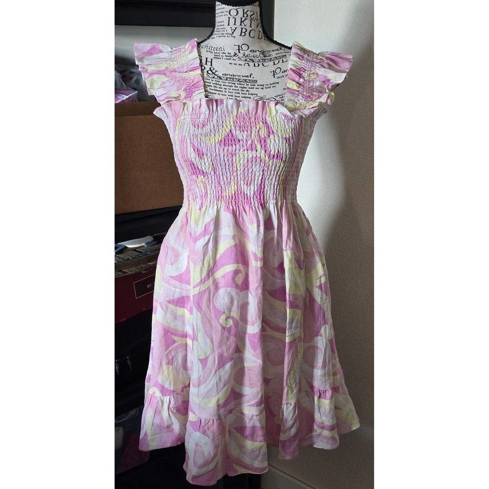 Hill House Elizabeth Short Nap Dress Womens XS Candy Kaleidoscope Smocked Ruffle